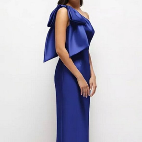 Alfred Sung Cobalt Blue Bow One-Shoulder Satin Column Gown D861 - Picture 3 of 4